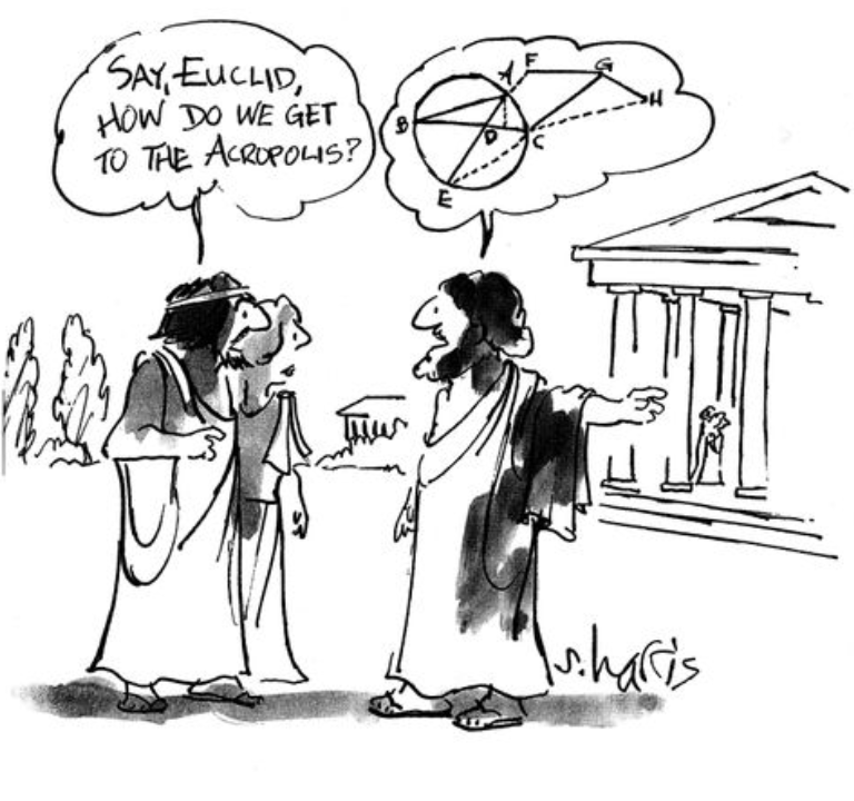 Cartoon: 'Say, Euclid, how do we get to the Acropolis?' Euclid answers with a geometric diagram